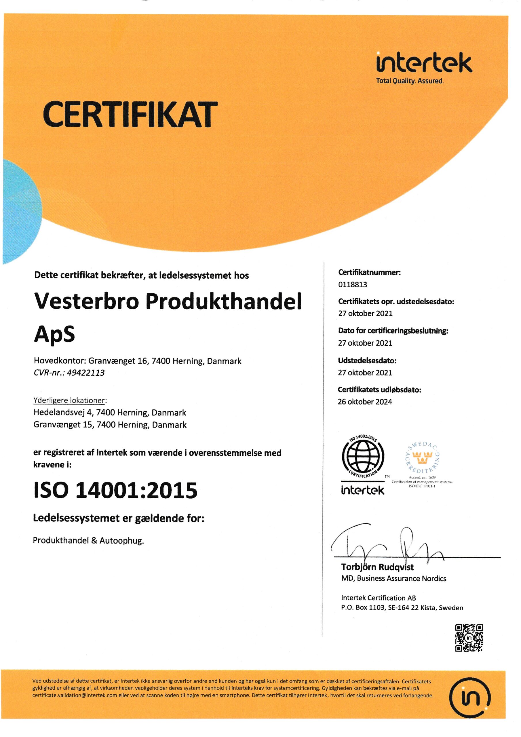 ISO 14001:2015 certifikat